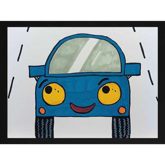 Kawaii Blue Car Driving Original 9x12 Inch OOAK Kids Nursery Acrylic Painting - Picture 1 of 2